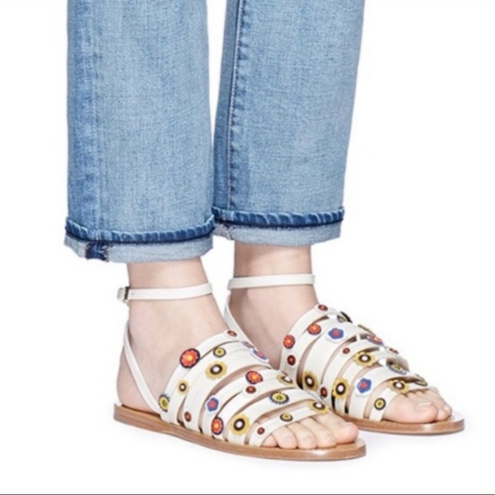 Tory Burch Marguerite floral white strappy sandals women's size 9.5